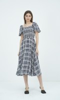 SIXDO G-Navy Short Sleeves Woven Flared Dress for Women